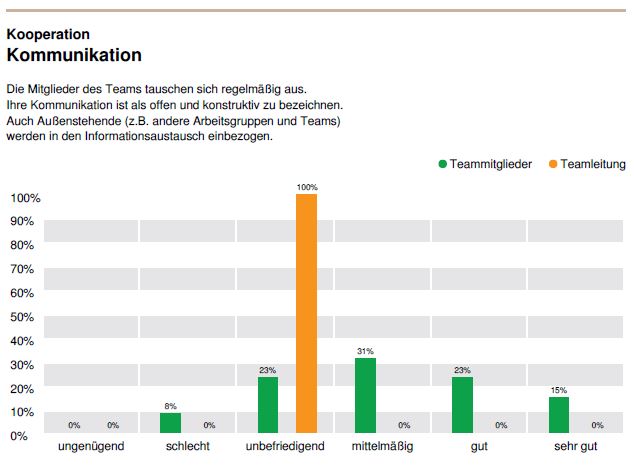 Musterauswertung DNLA-Teamanalyse in der Online-Version: Hier für den Faktor "Kommunikation" im Oberbereich "Kooperation".