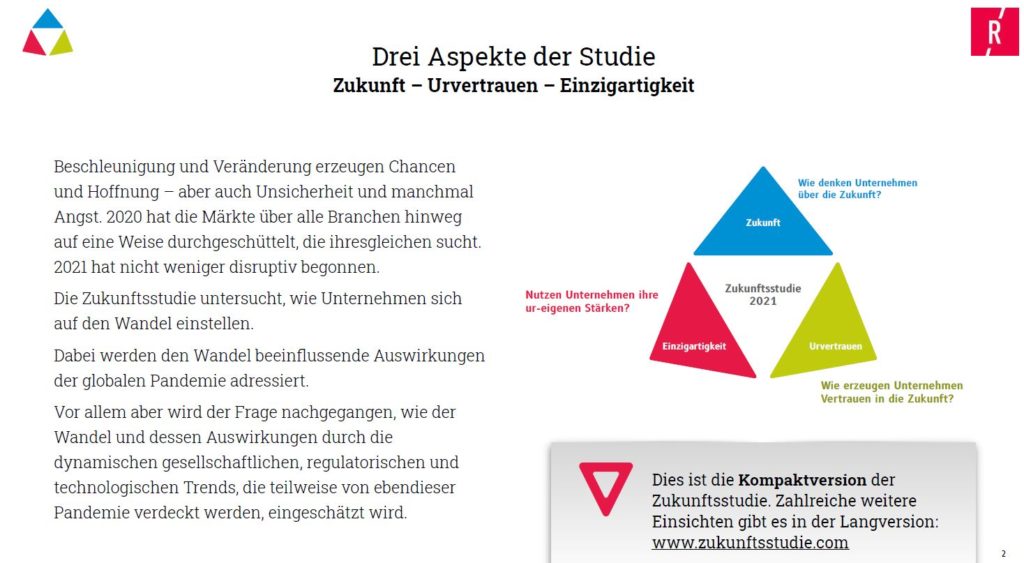 Drei Aspekte der Zukunftsstudie und wichtiger Teil derr Unternehmens-DNA: Zukunft(sperspektive), Urvertrauen und Einzigartigkeit.