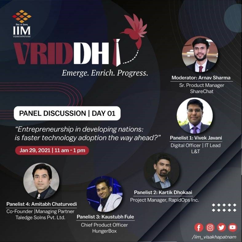 VRID DH Panel Discussion on Indian Institute of Management Visakhapatnam Annual Business Conclave, day 1, on the topic "Entrepreneurship in developing nations: is faster technology adoption the way ahead?", including Amitabh Chaturvedi, Managing partner of taledge solutions.