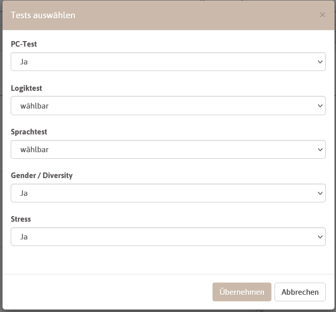 Funktion im DNLA Partnerbereich zum auswählen der Einstellungen für den ESK-Fragenkatalog.