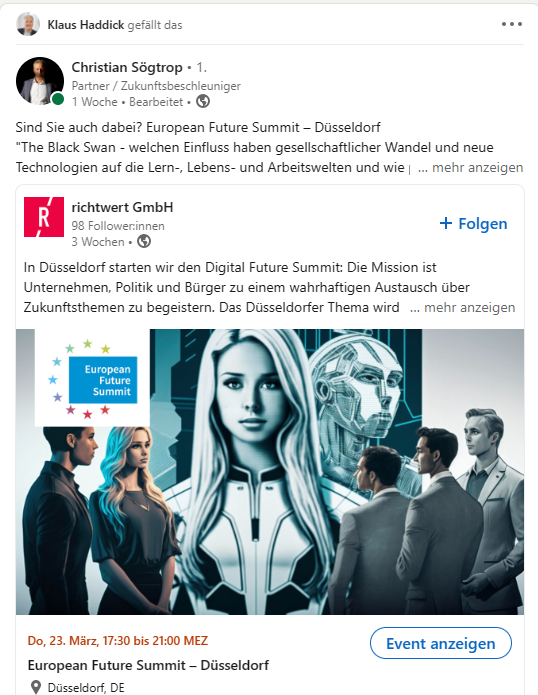 Wie nutze ich Linkedin am besten? Tipp 2: Das Profil nutzen und aktiv bleiben. -> Teilen Sie interessante Beiträge, kommentieren Sie, empfehlen Sie, verlinken Sie.
