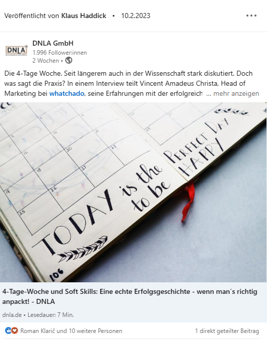 Beispiel aus der Linkedin-Gruppe von DNLA (https://www.linkedin.com/company/dnla-gmbh)