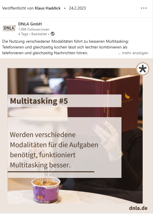 Wie nutze ich Linkedin am besten? Tipp 2: Das Profil nutzen und aktiv bleiben.
Beispiel aus der Linkedin-Gruppe von DNLA (https://www.linkedin.com/company/dnla-gmbh)